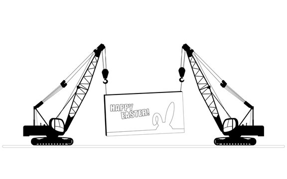 Two self-propelled construction cranes hold the load. Easter celebration concept.