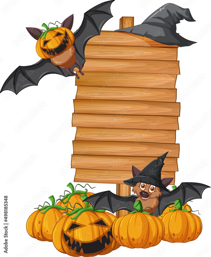 Wall mural Blank wooden signboard with bat in halloween theme