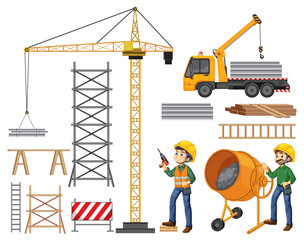 Set of construction site objects and workers.