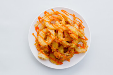 Onion Ring. Fried snacks from Indonesia.Sauce.