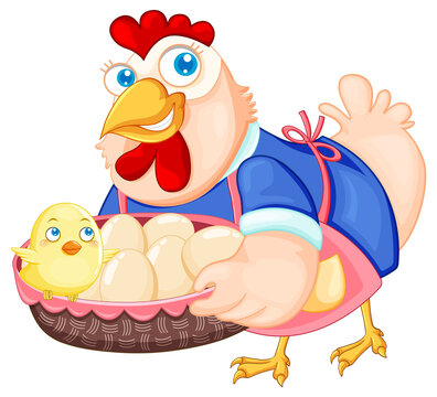 Cute chicken cartoon character holding a basket of eggs and chick