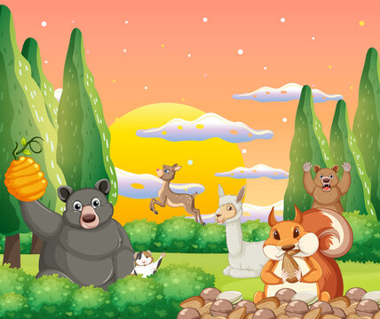 Forest scene with different kinds of animals
