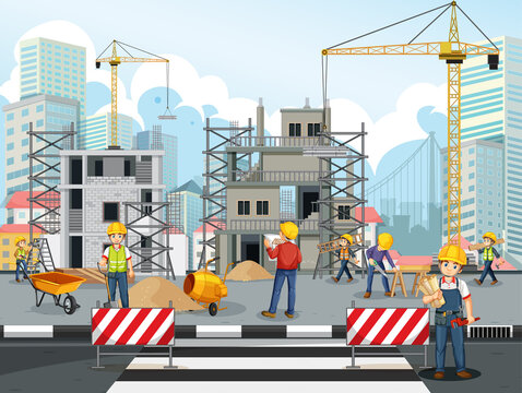 Building construction site with workers