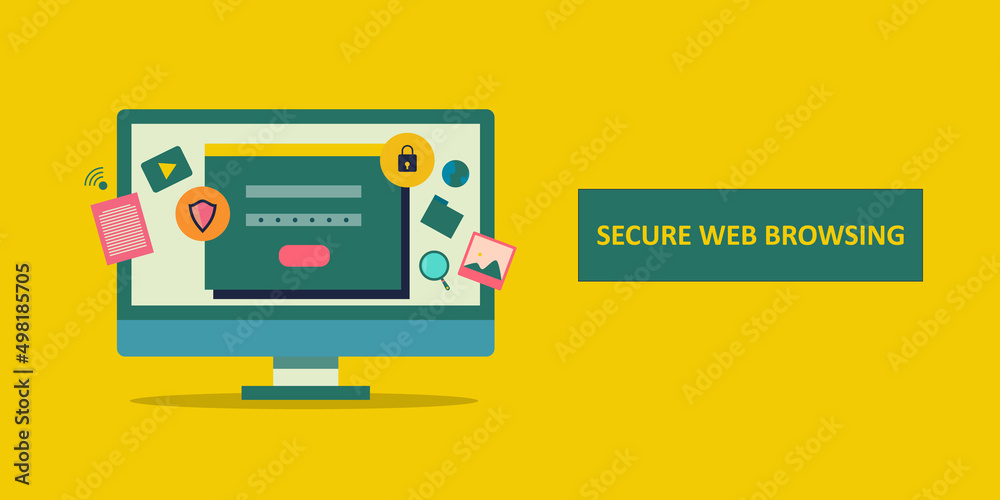 Wall mural flat design concept of secure web browsing, safely browse internet, personal privacy, cyber security