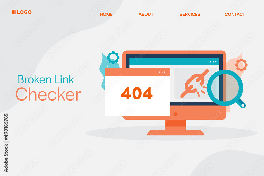 Wall mural broken link checker - 404 page fixing, seo optimization concept. flat design web banner template.