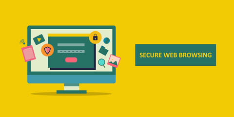 Flat design concept of secure web browsing, safely browse internet, personal privacy, cyber security concept. Web banner template.