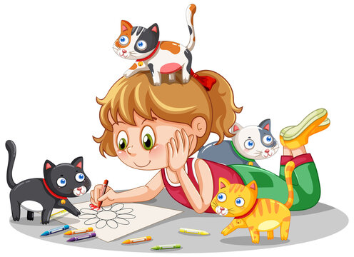 A girl drawing picture with cats nearby