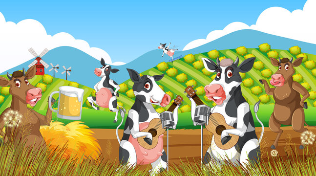 Outdoor cow farm scene with happy animals cartoon