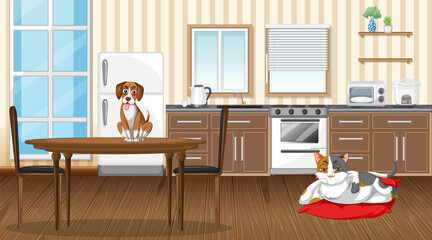 Fototapeta premium Set of different domestic animals in kitchen