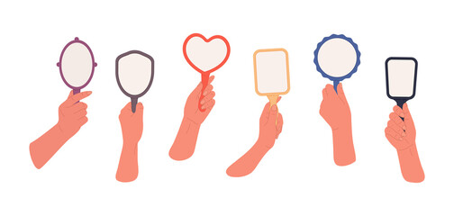 Set diverse hands holding differently shaped mirrors.Cartoon illustration © cottidie