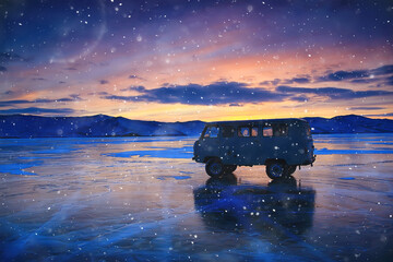 off-road vehicle on the ice of lake baikal, olkhon travel extreme road auto in winter