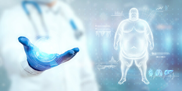White horogram of a fat person on a blue background, vital signs, doctor's appointment. The concept of obesity, overweight, health problems, diet, diabetes