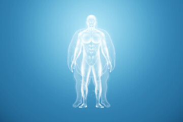 White horogram of a fat man on a blue background isolate. The concept of obesity, overweight, health problems, diet, diabetes. Copy space, 3D render, 3D illustration.