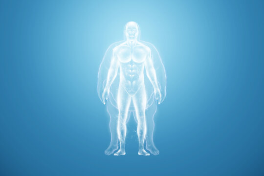 White horogram of a fat man on a blue background isolate. The concept of obesity, overweight, health problems, diet, diabetes. Copy space, 3D render, 3D illustration.