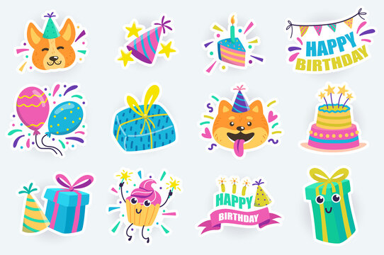 Birthday party cute stickers set in flat cartoon design. Bundle of holiday cake, gifts, funny dogs in festive hats, balloons, garlands and others. Vector illustration for planner or organizer template