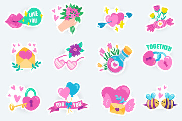 Love and romantic cute stickers set in flat cartoon design. Bundle of kissing lips, flower bouquet, hearts, love letter, pink glasses and other. Vector illustration for planner or organizer template