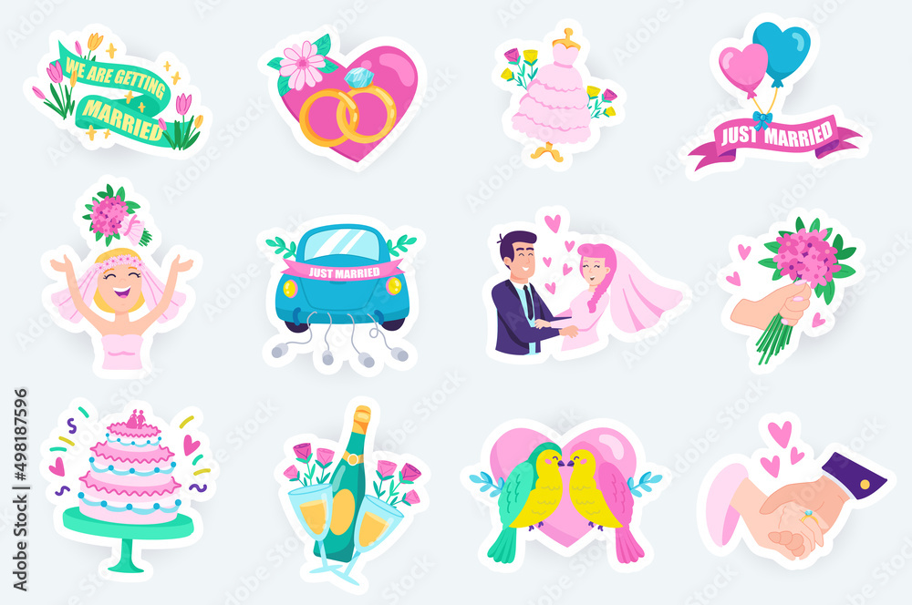 Wall mural Wedding cute stickers set in flat cartoon design. Bundle of marriage, heart, ring, dress, bride and groom, balloon, bouquet, car, love and other. Vector illustration for planner or organizer template - Wall murals