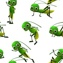 Green grasshopper with long mustache. Seamless pattern. Wildlife object. Little funny insect. Cute cartoon style. Isolated on white background. Vector