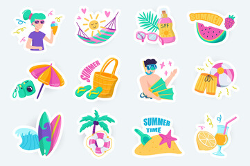 Summer time cute stickers set in flat cartoon design. Bundle of woman with ice cream, hammock, watermelon, umbrella, surfing, diving and other. Vector illustration for planner or organizer template