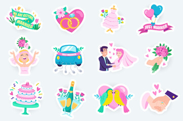 Wedding cute stickers set in flat cartoon design. Bundle of marriage, heart, ring, dress, bride and groom, balloon, bouquet, car, love and other. Vector illustration for planner or organizer template