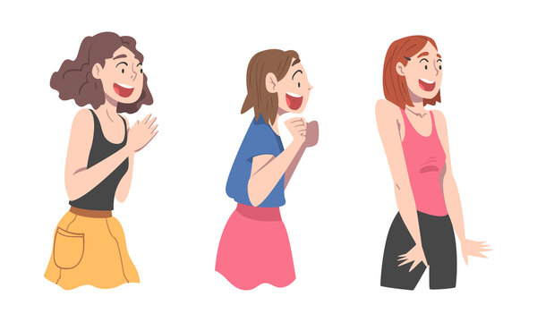 Set of happy girls showing various positive emotions. Funny joyful teenage girls cartoon vector illustration