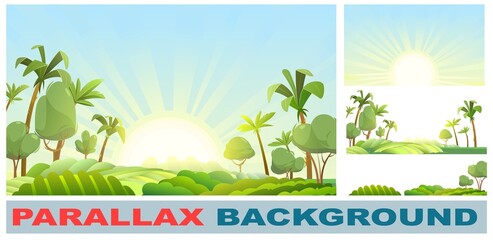 Fototapeta na wymiar Beautiful countryside in the tropics. Set for parallax effect. Vegetable garden hills and meadows. Morning sunrise. Palm trees and nice summer weather. Funny cartoon style. Green countryside landscape