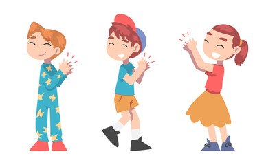 Set of happy smiling boys and girl clapping their hands expressing admire vector illustration