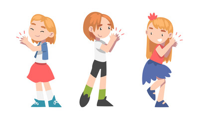 Set of little girls clapping their hands expressing admire and delight cartoon vector illustration