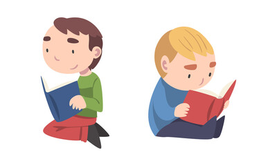 Little boys reading books while sitting on floor set cartoon vector illustration