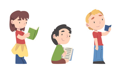 Cute little children reading books. Boys and girl studying and learning cartoon vector illustration