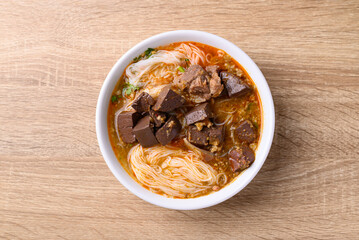 Northern Thai food, Spicy rice noodles soup with pork, Local Thai food, Table top view