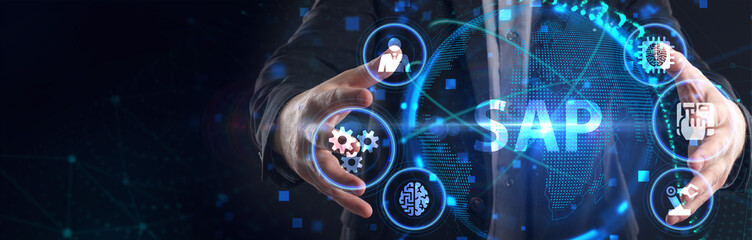 SAP System Software Automation concept on virtual screen data center. Business, modern technology, internet and networking concept.