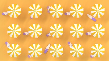 Beach umbrellas with surfboards or sup boards, seamless pattern top view. Active summer vacations, surfing on sea waves. Striped open parasols isolated on yellow background. Modern 3d wallpaper