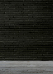 Schwarze Wand mit Ziegelstein, alte Holzdielen und Fußleiste, extravagant, Fotografenwand, Ersatz-Hintergrund, Kulisse, Bühne, Werbefläche