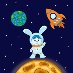 Obraz na płótnie Canvas Rabbit on the moon (rabbit, bunny, vector, cartoon, illustration, holiday, animal)