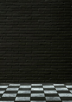 Schwarze Wand mit Ziegelstein, Schachbrettboden und Fu&szlig;leiste, extravagant