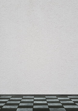 Graue Wand mit Raufasertapete, Bodenfliesen im Schachbrettmuster und Fu&szlig;leiste, Kulisse, Fotografen-Hintergrund, B&uuml;hne, 