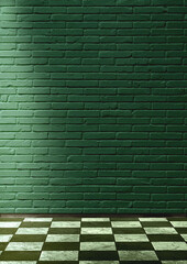 Grüne Wand mit Backsteinen und Schachbrettboden beleuchtet, Ersatz-Hintergrund, Fotografen-Kulisse, Bühne, 