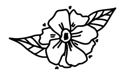 Black floral doodle flower with leaves hand drawn with liner. Spring or summer simple sketch element