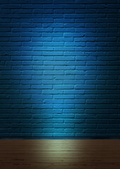 Dunkelblaue Wand mit Backstein beleuchtet, Fußleiste und alter Holzboden