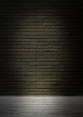 Schwarze Ziegelwand beleuchtet mit Fußleiste und alten Holzdielen