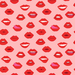 lips with red lipstick seamless pattern. mouth vector illustration hand drawn in cartoon style.