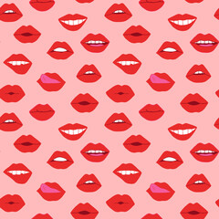 Fototapeta premium lips with red lipstick seamless pattern. mouth vector illustration hand drawn in cartoon style.
