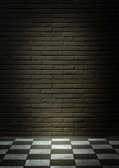 Schwarze Wand mit Ziegelstein, Schachbrettboden und Fußleiste, beleuchtet