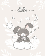 Obraz na płótnie Canvas Cute bunny, baby and children concept. Happy easter rabbits different poses cartoon characters. Card with Cute bunny. Bunny with floral leafs. Design for baby, kids poster, card, invitaton. Vector