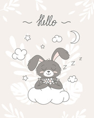 Cute bunny, baby and children concept. Happy easter rabbits different poses cartoon characters. Card with Cute bunny. Bunny with floral leafs. Design for baby, kids poster, card, invitaton. Vector
