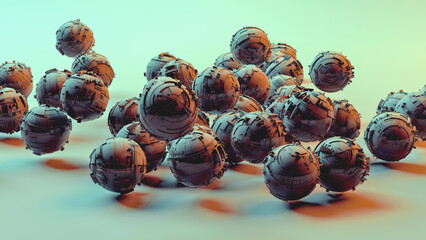 3d illustration; a group of spheres that look like a Sci-Fi element, a planet, or some kind of bomb. Sfere Extruded or Displacement, deformed shape.