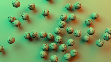 3d illustration; a group of spheres that look like a Sci-Fi element, a planet, or some kind of bomb. Sfere Extruded or Displacement, deformed shape.