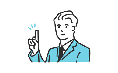 人差し指を立てて顧客の案内をするスーツ姿のビジネスパーソンのシンプルなバストアップイラスト素材