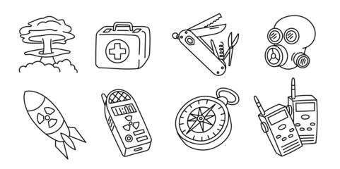 Nuclear war survival kit. Editable stroke. Post apocalypse line icon set.